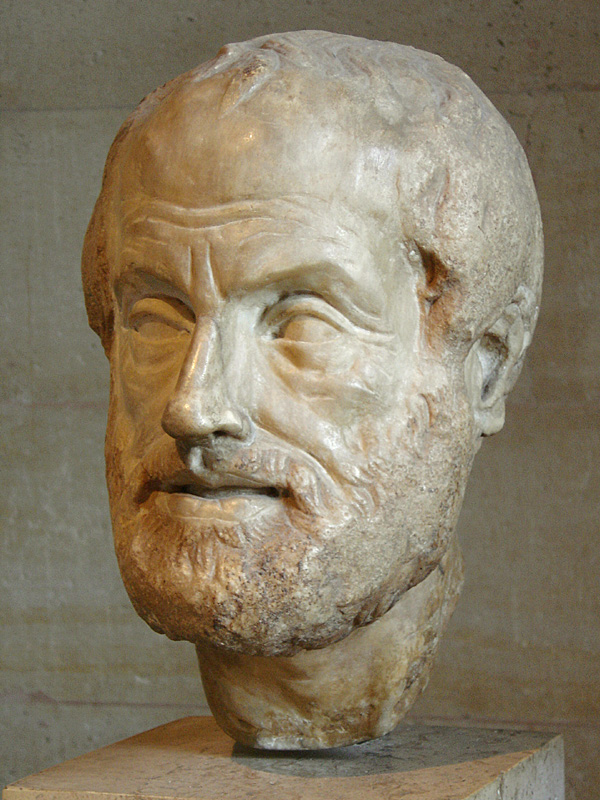 Portretul lui Aristotel. Copie romana din epoca imperiala, sec.1 sau 2 dupa o sculptura din bronz pierduta facuta de Lysippos. Muzel Louvre, Paris, colectia Borghese, sursa Wikipedia, foto Eric Gaba.